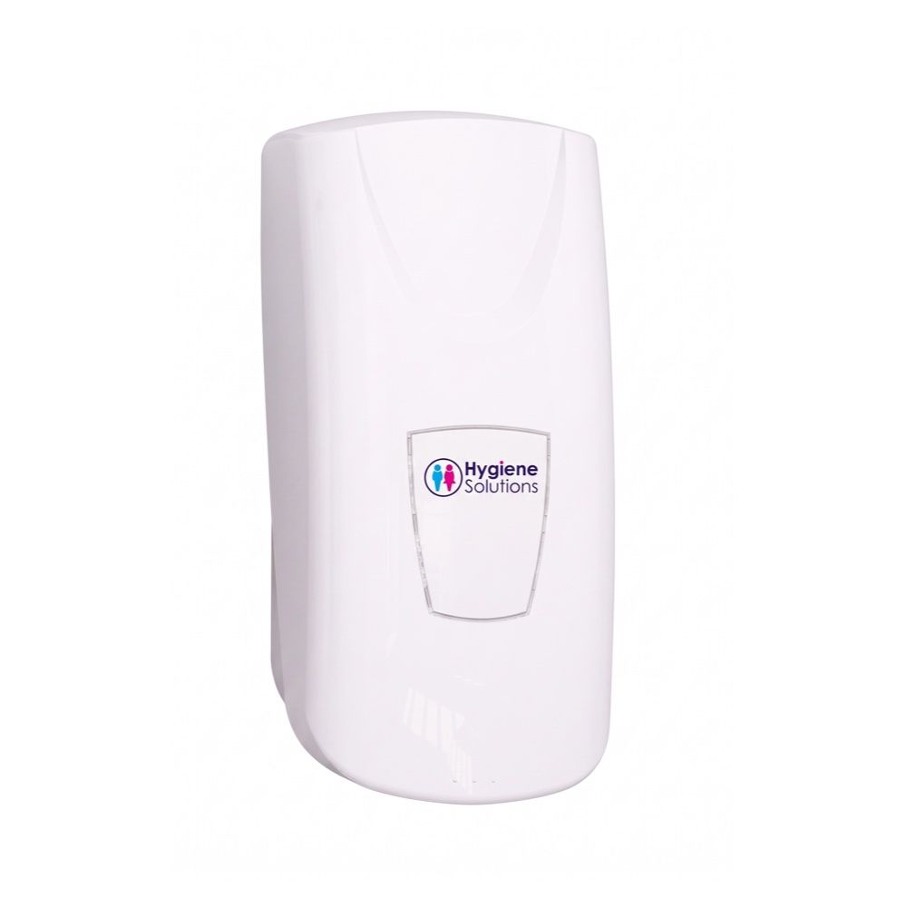 HS Manual Soap Dispenser — white wall-mounted push-pump soap dispenser with Hygiene Solutions branding