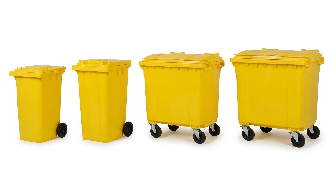 Range of yellow offensive waste wheelie bins in 240, 360, 770 and 1,100 litre sizes