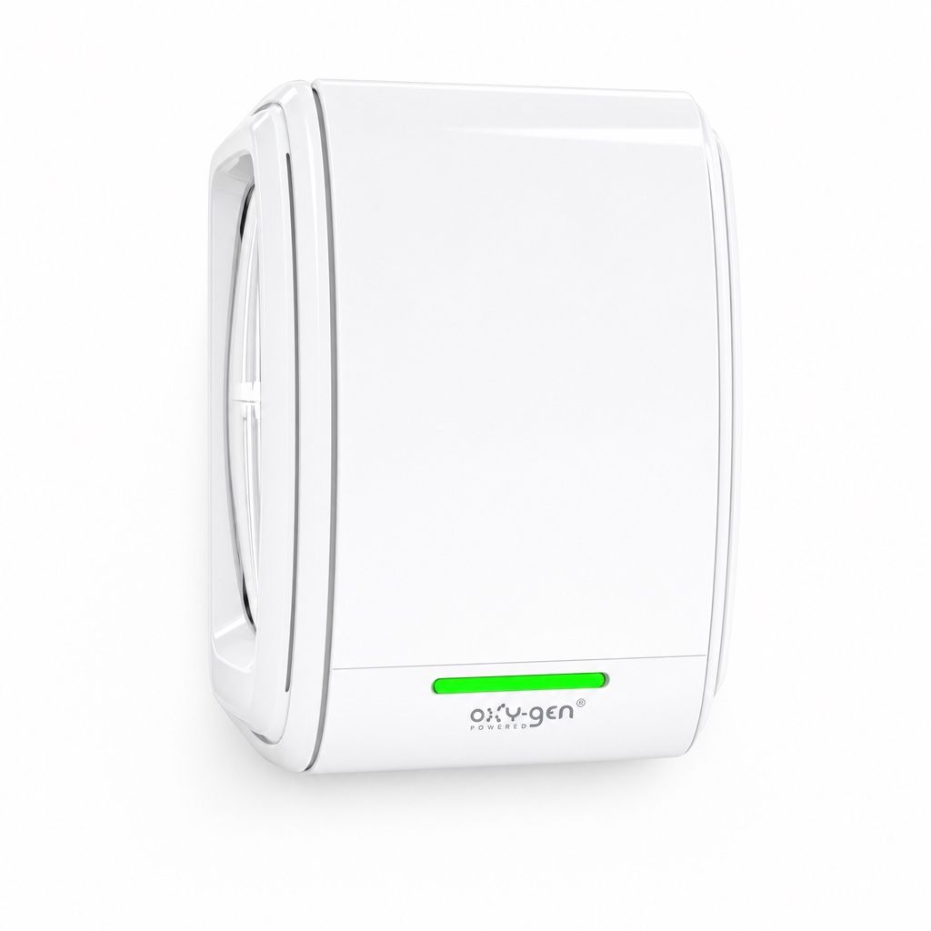 Oxy-Gen Powered Pro aerosol-free air freshener dispenser in white with green LED indicator