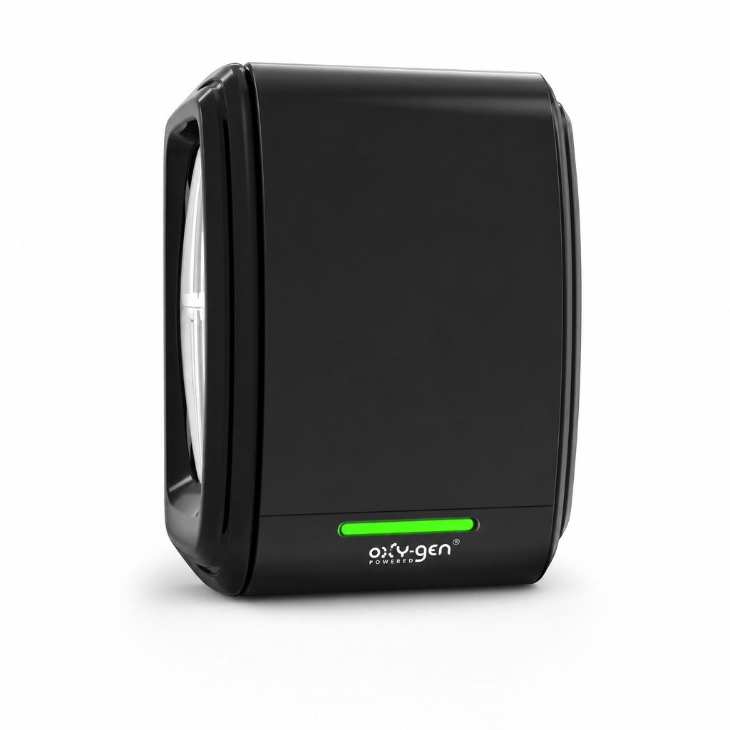 Oxy-Gen Powered Supreme aerosol-free air freshener dispenser in black with green LED indicator