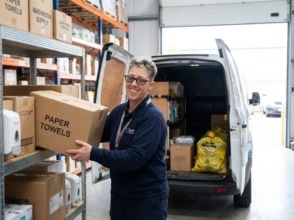 Smiling DBS-checked Hygiene Solutions team member loading boxes of washroom consumables into a branded service van at the stockroom