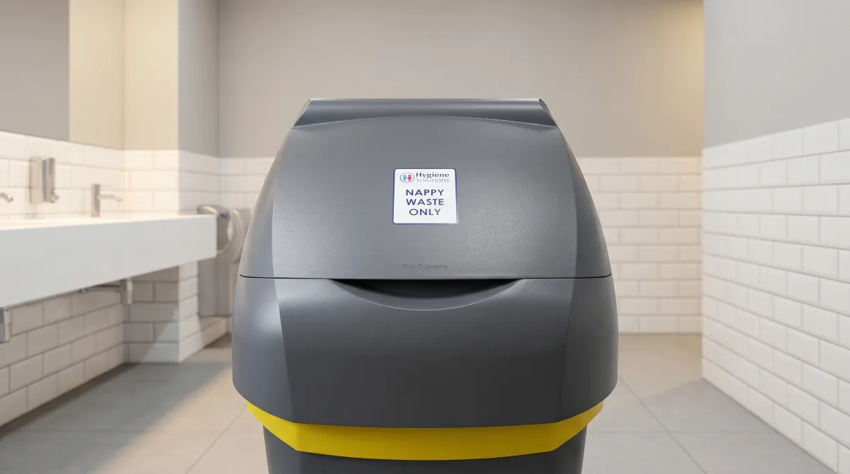 Branded Hygiene Solutions nappy waste bin in a clean baby-changing washroom